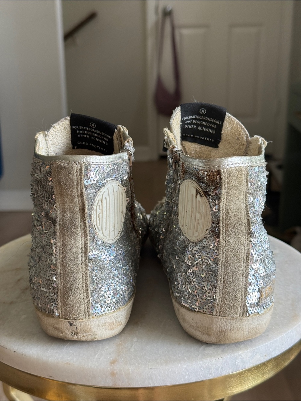 Silver Sequin High-Top Golden Goose Sneakers with Pink Star - Picture 3 of 5
